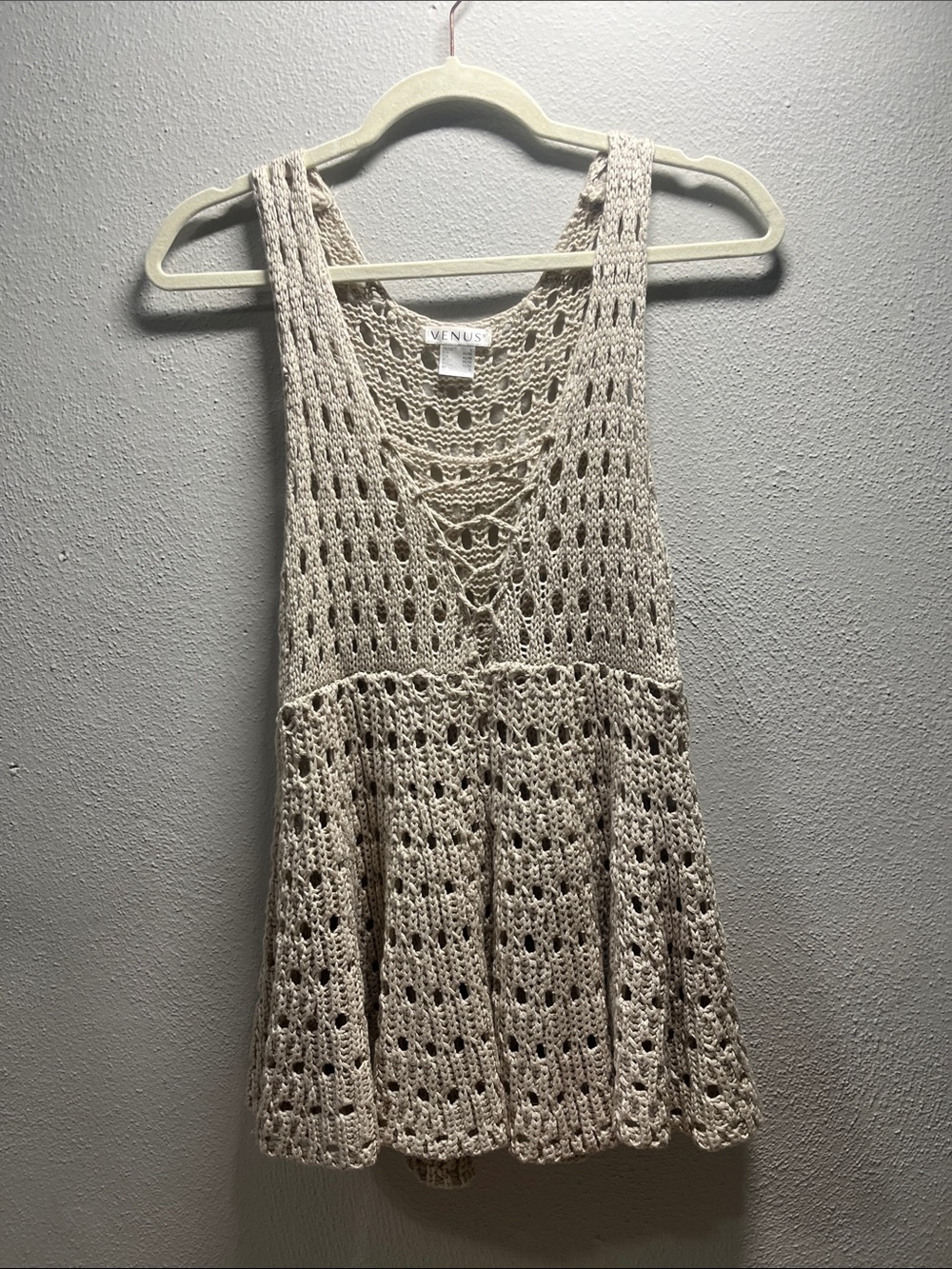 VENUS Beige Crochet Lace-Up Tank Top